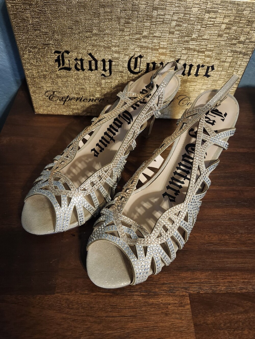 Lady Couture Beauty Champagne Gold Silver High Heels Shoes Size 9